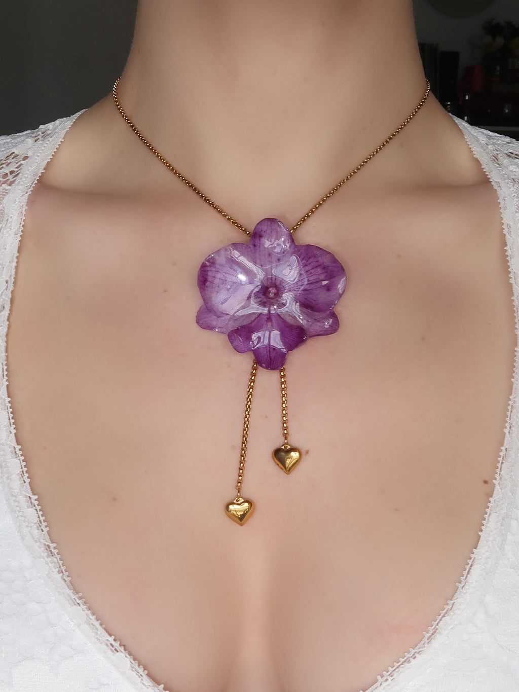 Pulling at My Heartstrings Orchid Necklace