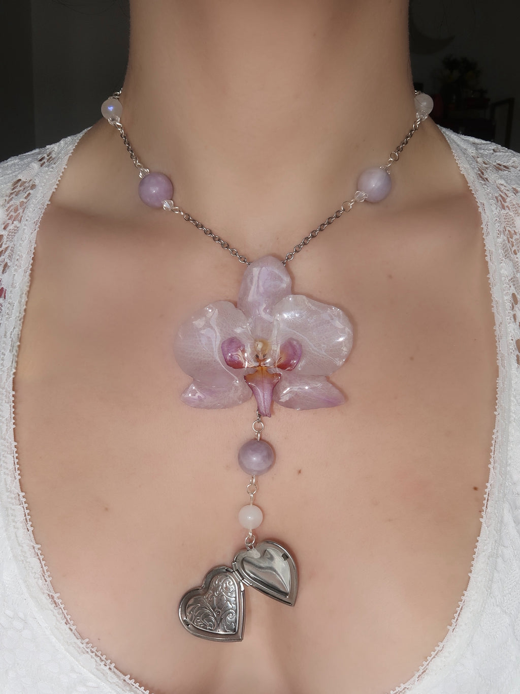 Orchid Heart Locket Necklace