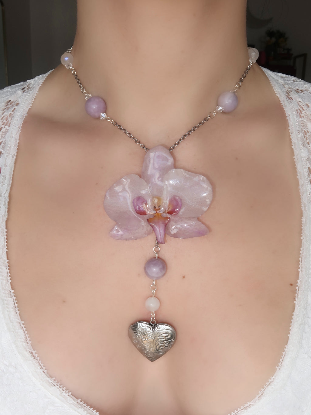 Orchid Heart Locket Necklace