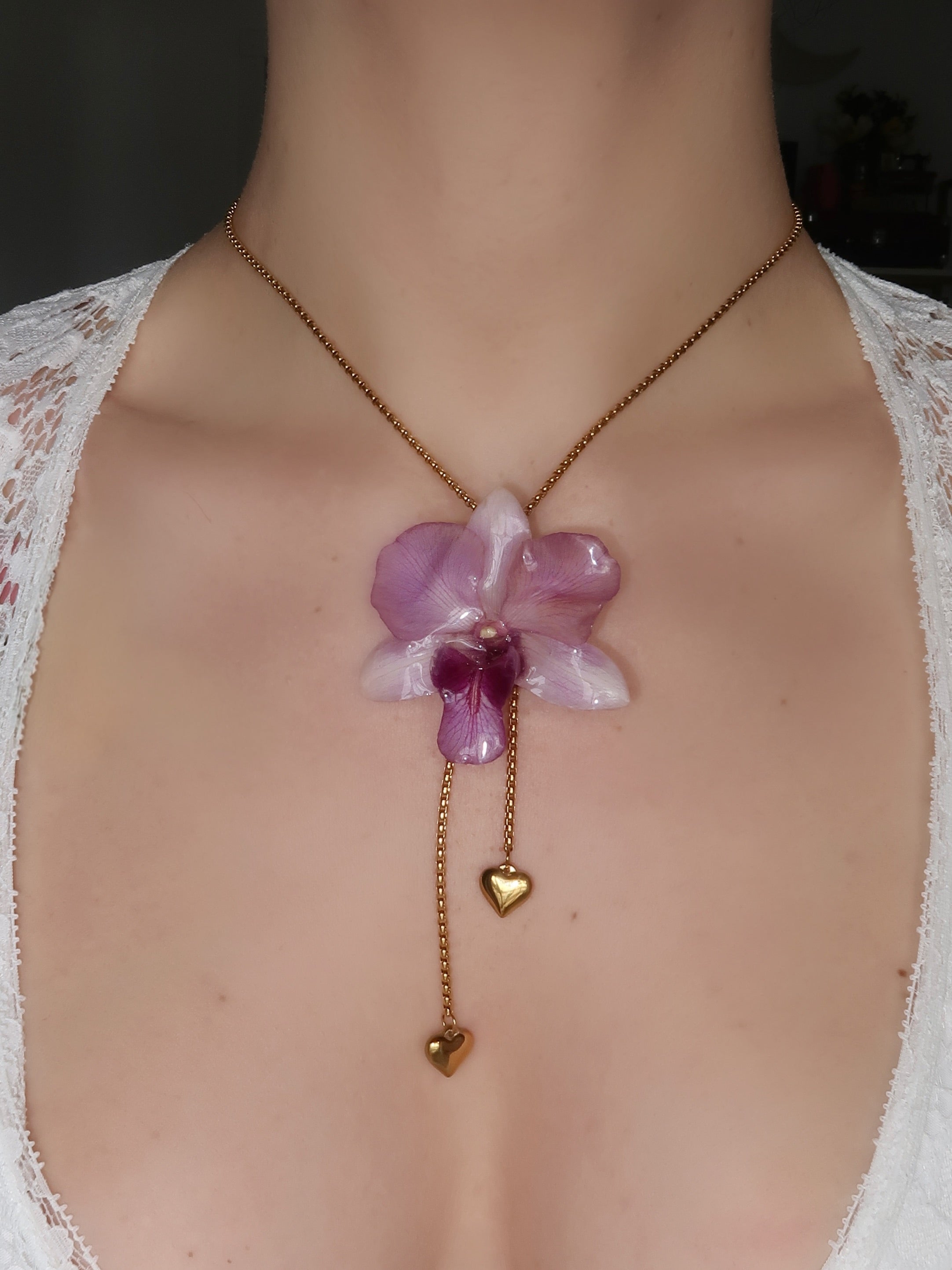 Pulling at My Heartstrings Orchid Necklace